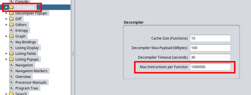 Ghidra Setting Max Instructions per Function